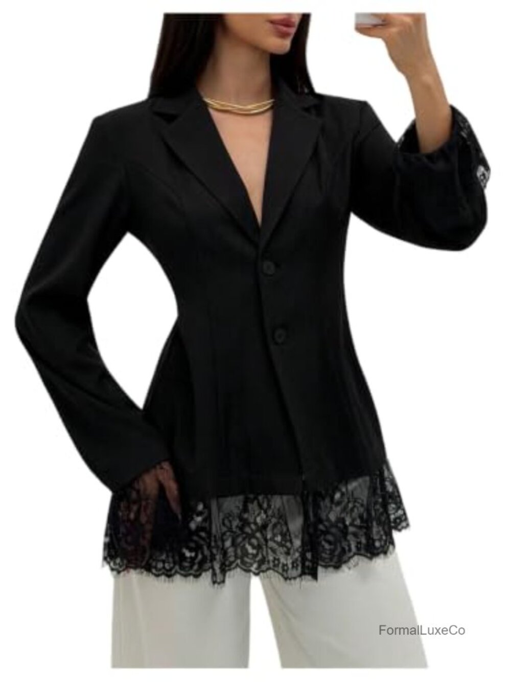 Lace Trim Button Down Blazer Sheer Cinched Waist Business Casual Outerwear